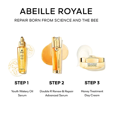 Image 1 - Three gold-toned skincare products are displayed with product splashes, illustrating a three-step routine: ABEILLE ROYALE REPAIR BORN FROM SCIENCE AND THE BEE STEP 1 Youth Watery Oil Serum STEP 2 Double R Renew & Repair Advanced Serum STEP 3 Honey Treatment Day Cream. Image 2 - Close-up of a persons face with a dropper containing golden beads applying a serum to their cheek, with text reading AFTER 1 MONTH EVALUATED BY PANEL¹, SMOOTHER -48%, FIRMER +53%, MORE ELASTIC +56%, YOUTH WATERY OIL SERUM, ¹Self-scoring test. 40 women. 2 applications per day. Image 3 - A close-up of a woman with clear skin holding a golden serum bottle labeled Abeille Royale by Guerlain next to her face, with text reading: SKIN IS LIFTED¹: +52% BRIGHTER¹: +63% DOUBLE R RENEW & REPAIR ADVANCED SERUM Self-assessment by scoring, 33 women – 2 applications per day after 1 month. Image 4 - A woman with clear skin holds a gold hexagonal jar of Guerlain Abeille Royale Honey Treatment Day Cream, with overlaying text that reads DERMATOLOGICAL SCORAGE¹, WRINKLES -48%, FIRMNESS +57%, SMOOTHNESS +98%, RADIANCE +63%, DAY CREAM, and a small footnote ¹Clinical test by an independent dermatologist, 33 women in Europe, once a day, results after one month. Image 5 - A beekeeper in a white suit, with Guerlain Paris visible on their back, stands holding a smoker next to a wooden beehive marked Guerlain, on a flower-covered cliff overlooking the ocean at sunset, with the overlaid text: Since 2011, Guerlain has been a patron of the Association of the Ouessant Island Brittany Black Bee Conservatory (ACANB), supporting bee protection and scientific research.