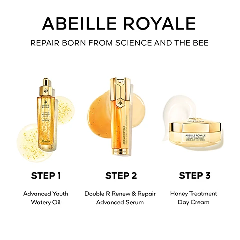 Image 1 - The image shows a three-step skincare routine featuring three golden Guerlain Abeille Royale products: a dropper bottle with a watery oil, a pump bottle with a serum, and a jar with a day cream, each accompanied by a swirl of its product, with text that reads Abeille Royale, Repair Born From Science And The Bee, Step 1 Advanced Youth Watery Oil, Step 2 Double R Renew & Repair Advanced Serum, Step 3 Honey Treatment Day Cream. Image 2 - A close-up of a persons face shows a dropper applying a golden serum to the cheek, with visible text reading AFTER 1 MONTH EVALUATED BY PANEL, SMOOTHER -48%, FIRMER +53%, MORE ELASTIC +56%, YOUTH WATERY OIL SERUM, and Self-scoring test. 40 women, 2 applications per day. Image 3 - A close-up of a woman with radiant skin holding a gold double-barreled serum bottle labeled Abeille Royale by Guerlain, next to text that reads: SKIN IS LIFTED¹: +52% BRIGHTER¹: +63% DOUBLE R RENEW & REPAIR ADVANCED SERUM, with a small disclaimer at the bottom: Self-assessment by scoring, 33 women – Clinical evaluations per day after 1 month. Image 4 - A woman with clear skin holds a gold and cream jar of face cream, with text overlays stating DERMATOLOGICAL SCORAGE¹, WRINKLES -48%, FIRMNESS +57%, SMOOTHNESS +98%, RADIANCE +63%, DAY CREAM, and the jar labels read GUERLAIN ABEILLE ROYALE HONEY TREATMENT CRÈME JOUR - DAY CREAM, followed by a small footnote ¹Clinical test by an independent dermatologist, 33 women in Europe, once a day, results after one month. Image 5 - A person in a white beekeeper suit stands with their back to the viewer on a rocky, flower-covered coastline, looking towards a bright sea horizon, holding a bee smoker and a tool, with a wooden beehive to their right; visible text includes GUERLAIN on the beekeepers suit and on the beehive, and overlay text reads Since 2011, Guerlain has been a patron of the Association of the Ouessant Island Brittany Black Bee Conservatory (ACANB), supporting bee protection and scientific research.