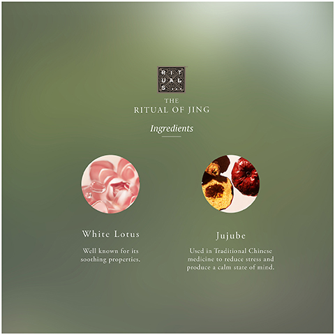 An image on a green background featuring a logo, product name, ingredients, and two circular images: one of a pink lotus flower with water droplets, and one of dried jujube fruits. The visible text reads RITUALS, THE RITUAL OF JING, Ingredients, White Lotus, Well known for its soothing properties., Jujube, Used in Traditional Chinese medicine to reduce stress and produce a calm state of mind.