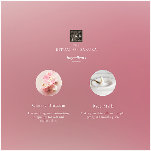 The image displays a pink background with the Rituals logo, showing two circular images, one with pink cherry blossoms and the other with white rice milk, accompanied by text that reads: THE RITUAL OF SAKURA, Ingredients, Cherry Blossom, Has soothing and moisturising properties for soft and radiant skin, Rice Milk, Makes your skin soft and supple, giving it a healthy glow.