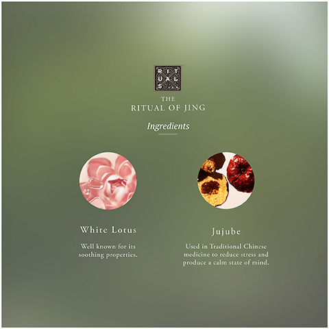 A green graphic displays The Ritual of Jing ingredients, showing the Rituals logo, the heading Ingredients, a circular image of pink lotus petals and water droplets with the text White Lotus, Well known for its soothing properties, and a circular image of dried red jujube fruits and fragments with the text Jujube, Used in Traditional Chinese medicine to reduce stress and produce a calm state of mind.