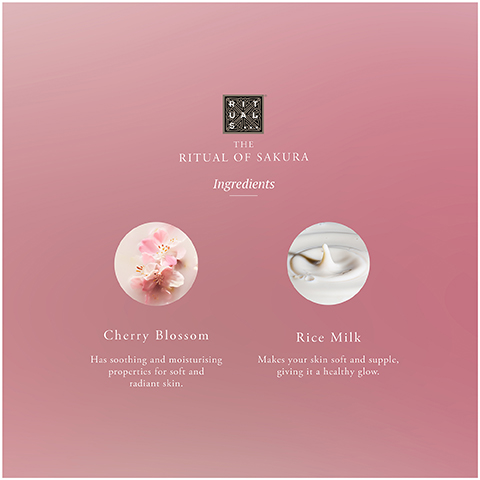 The image displays the ingredients for The Ritual of Sakura, featuring a logo and text at the top, a title Ingredients, followed by two circular images: one showing pink cherry blossoms with text Cherry Blossom Has soothing and moisturising properties for soft and radiant skin, and another showing a splash of white liquid (rice milk) with text Rice Milk Makes your skin soft and supple, giving it a healthy glow.