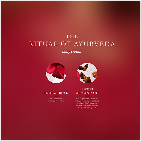 A red background features two circular images, one of red rose petals and another of almond pieces, with the text The Ritual of Ayurveda body cream, Indian Rose an aroma with soothing properties, and Sweet Almond Oil rich in proteins + vitamins mild, nourishing + soothing regulates skins moisture balance excellent base for a body and massage oil.