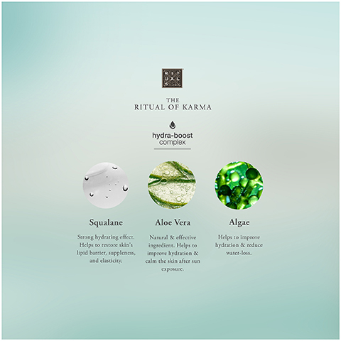 A light blue-green graphic presenting product information with a central RITUALS logo and three circular ingredient images, featuring the text: THE RITUAL OF KARMA, hydra-boost complex, Squalane Strong hydrating effect. Helps to restore skins lipid barrier, suppleness, and elasticity. Aloe Vera Natural & effective ingredient. Helps to improve hydration & calm the skin after sun exposure. Algae Helps to improve hydration & reduce water-loss.