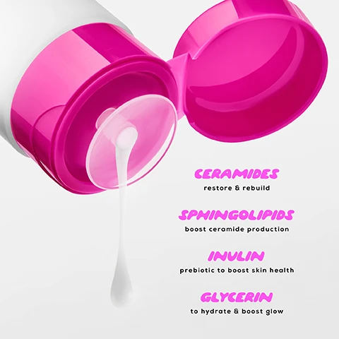 Image 3 - A white bottle with an open pink flip-top cap has white liquid dripping from it, with text listing ingredients and benefits: CERAMIDES restore & rebuild, SPHINGOLIPIDS boost ceramide production, INULIN prebiotic to boost skin health, GLYCERIN to hydrate & boost glow. Image 4 - An infographic illustrating a healthy skin moisture barrier that keeps harmful substances out and retains moisture, compared to a damaged skin barrier where harmful substances penetrate and moisture is lost, with the visible text Your Moisture Barrier, Healthy harmful substances kept out, skin barrier, moisture retained, Damaged harmful substances penetrate skin, compromised skin barrier, moisture lost. Image 5 - Four headshots of diverse women in a grid, including one in a hijab, one with glasses and a neck tattoo, and one with a septum piercing, with a central pink bubble displaying the text INSTANT GLOW DEVELOPED BY YOU, and a tattoo on the bottom left womans neck reading DEAD END. Image 6 - A grey and hot pink Glow Hub bottle, labeled glow hub the barrier builder silky toner tonique lacté amino acid + fatty acids (ceramide), is nestled between folds of bright pink material, with the text Instant Glowing Hydration in the bottom left.