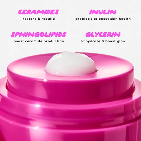 Image 3 - A pink jar of skincare cream with a dollop of white cream on top is shown, with text listing key ingredients: Ceramides restore & rebuild, Sphingolipids boost ceramide production, Inulin prebiotic to boost skin health, and Glycerin to hydrate & boost glow. Image 4 - A diagram on a pink background illustrates a healthy skin moisture barrier that keeps harmful substances out and retains moisture, contrasted with a damaged barrier where harmful substances penetrate the skin and moisture is lost, under the title Your Moisture Barrier. Image 5 - A grid of four smiling women looking at the camera, with an overlay text bubble stating INSTANT GLOW DEVELOPED BY YOU. Image 6 - A bright pink jar of moisturizer sits on a pink wavy surface against a white background, with text on the jar that reads the barrier builder ceramide moisturiser crème aux céramides with_ ceramides (fatty acids) + amino acids, and text below reading REBUILD, REPLENISH, RESTORE.