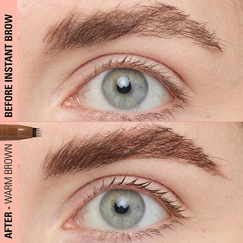 Image 1 - A split image shows a persons eye, with the top half featuring a sparse eyebrow and the bottom half displaying a fuller, darker eyebrow next to a brow pen, accompanied by visible text on the left that reads BEFORE INSTANT BROW and AFTER - WARM BROWN. Image 2 - A composite image showing four sections: a pink background with text Instant Brow Pen, Fuller, Fluffier... Fast!, and three close-up images of eyes and eyebrows demonstrating brow pen shades labeled Cool Brown, Warm Brown, and Dark Brown, each with a visible brow pen tip. Image 3 - Three brow pens with multi-pronged tips in shades from light to dark brown are angled on a peach background with swatches of hair-like strokes, next to the visible text Instant Brow Pen, Fuller, Fluffier... Fast!, Application, Outline brows lightly to define shape, focus on sparse areas to build fullness gradually - short, light strokes are key!, Instant Brow Hair Pen Cool Brown, Instant Brow Hair Pen Warm Brown, Instant Brow Hair Pen, and Six-pronged precision applicator replicates hairs in seconds. Image 4 - Three brow pens with multi-pronged applicators are displayed on a light peach background, with text above them and alongside: FULLER, FLUFFIER...FAST! INSTANT BROW PEN, Ultra-fine, brush-stroke brows in an instant, Six-pronged precision applicator replicates hairs, Perfect for filling in any sparse areas, Available in three shades, and the pen labels COOL BROWN, WARM BROWN, DARK BROWN.