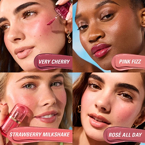 Image 1 - Four women with diverse complexions display various makeup shades on their faces, labeled Very Cherry, Pink Fizz, Strawberry Milkshake, and Rosé All Day, with a Superdewy Blush Burst product bottle also visible. Image 2 - Four diverse models display different shades of makeup on their faces, labeled with the visible text Very Cherry, Pink Fizz, Strawberry Milkshake, and Rosé All Day. Image 3 - A grid of four images features diverse models showcasing different makeup shades, each with an identifying label: top left shows a woman wearing a caramel shade Caramel Cooler, top right shows a woman wearing a bright pink shade Bubblegum Burst, bottom left shows a woman wearing a peach shade Peach Spritz, and bottom right shows a woman wearing a watermelon red shade Watermelon Pop. Image 4 - Four models demonstrate different makeup shades: a woman with a caramel cooler shade, a woman with a bubblegum burst shade, a woman with a peach spritz shade holding the product, and a woman with a watermelon pop shade. Image 5 - Eight Revolution lip gloss tubes are displayed with swatches of their shades, labeled ROSÉ ALL DAY, PINK FIZZ, WATERMELON POP, VERY CHERRY, PEACH SPRITZ, BUBBLEGUM BURST, CARAMEL COOLER, and STRAWBERRY MILKSHAKE. Image 6 - An assortment of Revolution Blush Burst liquid blush bottles in various pink and red shades are displayed, with one bottle open showing its applicator, accompanied by the text BLUSH BURST, Bitesize burst of juicy colour, Just grab, dab & go!, Hyaluronic + Peptides, and Super dewy finish. Image 7 - Two pink cosmetic products with clear caps are shown tucked into the back pocket of blue jeans, with a hand resting nearby, and overlaid text that reads POCKET SIZED PACKAGING and JUST GRAB, DAB & GO.
