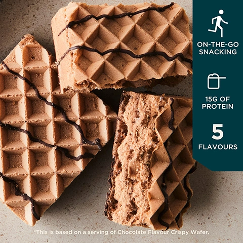 Image 2 - Three chocolate wafer biscuits with chocolate drizzle are on a speckled surface next to a teal panel with white icons and text that reads ON-THE-GO SNACKING, 15G OF PROTEIN, 5 FLAVOURS, and at the bottom, This is based on a serving of Chocolate Flavour Crispy Wafer.