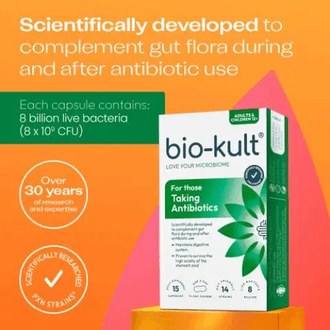 Image 2-biokult-en_GB - The image shows a Bio-Kult probiotic supplement box, labeled for Adults and Children 12+, on an orange and green background, with prominent text stating Scientifically developed to complement gut flora during and after antibiotic use, highlighting that each capsule contains 8 billion live bacteria (8 x 10^9 CFU), and that there is Over 30 years of research and expertise for these Scientifically Researched PXN Strains, further describing the product as For those Taking Antibiotics, with 14 Gut Friendly Strains, 15 Capsules for a 15 Day Course, Gluten Free, and Suitable for Vegetarians. Image 3-biokult-en_GB - A smiling woman wearing an orange top and a pink jacket is featured on an orange and pink background, alongside text that reads Clinically researched strains designed for daily use while on antibiotics, Live bacteria 8 billion, Gut friendly 14 strains. Image 4-biokult-en_GB - A hand reaches for a glass of water next to a white and green box of Bio-Kult supplements and two capsules, set against an orange background with large white text that reads: Designed to reach your gut, where its needed. Proven to survive the high acidity of the stomach acid. The Bio-Kult box displays text including: ADULTS & CHILDREN 12+, bio-kult LOVE YOUR MICROBIOME, For those Taking Antibiotics, Scientifically developed to complement gut flora during and after antibiotic use, Maintains digestive system, DAILY SUPPLEMENT 15 CAPSULES, ONE A DAY 15 DAY COURSE, GUT FRIENDLY 14 STRAINS, LIVE BACTERIA 8 BILLION, SCIENTIFICALLY RESEARCHED PXN STRAINS. Image 5-biokult-en_GB - A close-up of hands with three white capsules, set against an orange background, with text that reads A multi-strain formula designed to maintain the digestive system and a circular badge that says Daily Supplement 15 Capsules. Image 6-biokult-en_GB - A smiling woman with dark hair and freckles holds a pill and a glass of water against an orange background with a grey triangular shape, with visible text that reads Made for everyday use throughout a course of antibiotics and a circular emblem containing a pill icon, ONE A DAY 15 DAY COURSE. Image 7-biokult-en_GB - A hand holds a silver blister pack containing 15 light-colored capsules on an orange and pink background with the text Why Blister Packs?, Blister packs protect each individual capsule and the live bacteria inside against moisture., a circular graphic reading DAILY SUPPLEMENT 15 CAPSULES, and on the blister pack BBE 10 2025 and GROVER 23.