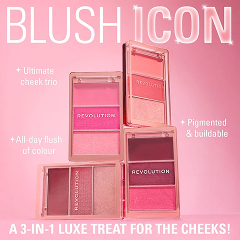 Image 1 - Four three-pan blush palettes from Revolution Cosmetics, featuring various shades of pink, coral, and berry, are displayed on a light pink background with text BLUSH ICON, Ultimate cheek trio, All-day flush of colour, Pigmented & buildable, A 3-IN-1 LUXE TREAT FOR THE CHEEKS!, and REVOLUTION. Image 2 - A makeup palette displays three pink shades: a light pink cream blush, a fuchsia patterned powder blush, and a shimmery light pink powder highlight, with the text AN ICON-IC TRIO, Cream Blush, Powder Blush, and Powder Highlight. Image 3 - A three-pan makeup palette featuring peach and coral shades in cream, matte, and shimmer textures is displayed on a pink background with scattered powder, and includes the text A 3-IN-1 LUXE TREAT FOR THE CHEEKS! REVOLUTION AUTHENTIC PEACH. Image 4 - A four-panel image shows a dark-skinned persons cheek in a blush tutorial progression: before, with cream blush, with powder blush, and the final look with highlight, displaying the text How to Blush Like an Icon, Before, Step 1 Cream, Step 2 Powder, Final Look Highlight. Image 5 - A four-panel image displays close-ups of a womans face modeling different blush colors, each panel featuring a compact blush and highlighter palette with the brand Revolution and shade name: top left shows a peach blush labeled Authentic Peach; top right features a hot pink blush labeled Hot Pink Flag; bottom left shows a cherry pink blush labeled My Cherry Truth; and bottom right displays a dusty rose blush labeled Aura Points Rose.