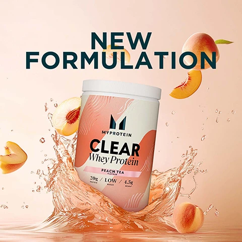 Image 1 - A Myprotein Clear Whey Protein container in Peach Tea flavour is shown amidst splashing liquid and fresh peaches, with text reading NEW FORMULATION, MYPROTEIN, CLEAR Whey Protein, PEACH TEA FLAVOUR, 20g PROTEIN, LOW SUGAR, 4.5g BCAAs. Image 2 - A smiling woman in a black sports bra drinks from a shaker bottle with pink liquid, while a teal graphic overlay on the right lists product benefits: LESS THAN 90 KCAL, 20G OF PROTEIN, 15+ FLAVOURS, and a disclaimer reads Based on a 25g serving of Strawberry Kiwi flavour.