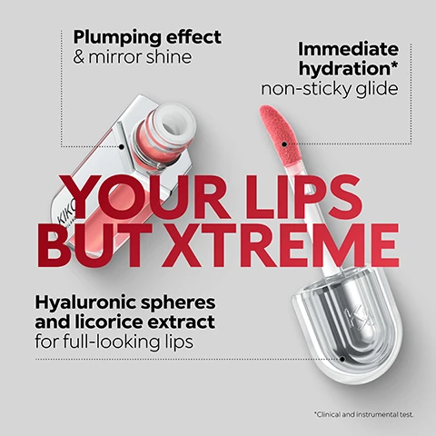 Image 1 - An open Kiko Milano lip gloss tube with a pinkish-red gloss and its applicator wand are displayed with text that says Plumping effect & mirror shine, Immediate hydration* non-sticky glide, Hyaluronic spheres and licorice extract for full-looking lips, YOUR LIPS BUT XTREME, and *Clinical and instrumental test. Image 2 - A close-up of a persons mouth applying red lip gloss, with text that reads LIP COMBO GOALS, Define and contour with Everlasting Colour Precision Lip Liner 1, Layer on the shine and plump with 3D Hydra Xtreme Lipgloss 2.