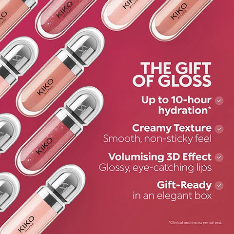 Image 1 - Multiple Kiko Milano lip gloss tubes in nude and rose colors are arranged diagonally on a red background, next to text that reads THE GIFT OF GLOSS Up to 10-hour hydration* Creamy Texture Smooth, non-sticky feel Volumising 3D Effect Glossy, eye-catching lips Gift-Ready in an elegant box *Clinical and instrumental test. Image 2 - A close-up shows glossy, pink-toned lips with a wand applying a shimmery lip product, alongside text that reads FROM CARE TO SHINE, 1 Lip Scrub Gently exfoliate for a silky touch, 2 Lip Balm Nourish and prep for perfect softness, 3 Glossy Lip Set 03 Add irresistible shine and volume effect.
