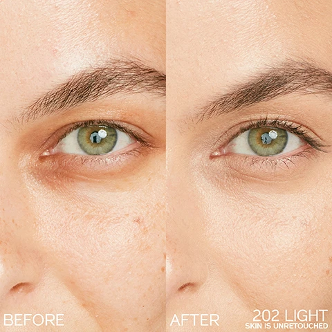 Image 1 - A split image shows a persons eye and cheek, with the left side labeled BEFORE showing undereye circles and redness, and the right side labeled AFTER showing the same area with reduced undereye circles and a more even skin tone, with the additional text 202 LIGHT SKIN IS UNRETOUCHED. Image 2 - Two arms, one light-skinned and one dark-skinned, display a variety of foundation swatches, with each hand holding a Shiseido product; the visible text in the image includes Fair 101, Fair 102, Fair 103, Light 201, Light 202, Light 203, Medium 301, Medium 302, Medium 303, Medium 304, Tan 401, Tan 402, Tan 403, Deep 501, Deep 502, Deep 503, and Shiseido on the product sticks. Image 3 - A flat lay shows Shiseido complexion products, including numerous round pots and two stick foundations in various skin tones, with the text Made with 63% Skincare Ingredients and Shiseido. Image 4 - A vertical display of 16 swatches of makeup foundation, showing a gradient of skin tones from light beige to dark brown, with the text AVAILABLE IN 16 SHADES. Image 5 - A product display features a black Shiseido Synchro Skin Radiant Lifting Concealer tube with a beige swatch, a gold and purple Shiseido Vital Perfection Uplifting and Firming Advanced Eye Cream Crème Yeux Lift Fermeté jar with a cream swirl, and a black Shiseido ControlledChaos MascaraInk MascaraInk Chaos Contrôle tube with its brush and a black smudge, alongside descriptive text that reads NEW ILLUMINATE WITH SYNCHRO SKIN RADIANT LIFTING CONCEALER, LIFT FIRM AND BRIGHTEN WITH VITAL PERFECTION UPLIFTING AND FIRMING ADVANCED EYE CREAM, and VOLUMIZE WITH CONTROLLEDCHAOS MASCARAINK. Image 6 - Two black Shiseido stick products, one showing the light beige concealer, and a clear Shiseido foundation bottle containing light beige foundation are displayed on light to dark brown and beige blocks, with the visible text NEW SYNCHRO SKIN RADIANT LIFTING CONCEALER, 24H WEAR* & HYDRATION**, NEW, SHISEIDO, SYNCHRO SKIN RADIANT LIFTING Foundation Fond de Teint, *Clinical Test on 32 volunteers., and **Instrumental Test on 27 volunteers.