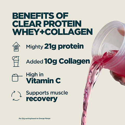 Image 2-myprotein-en_GB - A clear plastic shaker bottle pours pink liquid, next to a list of benefits which reads: BENEFITS OF CLEAR PROTEIN WHEY+COLLAGEN, Mighty 21g protein, Added 10g Collagen, High in Vitamin C, Supports muscle recovery, Per 25g serving based on Orange Mango. Image 3-myprotein-en_GB - Three vertical sections of beverages with ice cubes, showing a yellow drink on the left, a pink drink in the middle, and an orange drink on the right, with the text HYDROLYSED TYPE 1 COLLAGEN PEPTIDES. Image 4-myprotein-en_GB - A hand pours pink liquid from a shaker bottle into a glass with ice and pink liquid, alongside text that reads: 20 YEARS OF RELENTLESS REFINEMENT, Expertly crafted by nutritionists, Quality assured by independent testers, Formulas refined by real research, Produced at Myproteins outstanding facilities. Image 5-myprotein-en_GB - A young man in a light shirt drinks from a pink shaker bottle outdoors, with text overlaying the image that reads: UKS NO. 1 SPORTS NUTRITION BRAND Consistency, quality, and over 20 years of getting it right. Backed by Euromonitor, the global authority on market data. Source Euromonitor International Limited; Consumer Health 2025 edition, retail value sales (RSP), all retail channels, 2024 data.