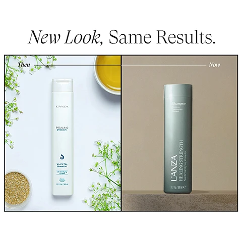 Image 1 - The image displays a before-and-after comparison of LANZA HEALING STRENGTH shampoo bottles with the text New Look, Same Results; the Then side shows a white bottle of White Tea Shampoo for weak, fragile hair, surrounded by white flowers, a yellow liquid, and golden granules, while the Now side features a green bottle of Healing Strength Neem Fortifying Complex Shampoo. Image 2 - A split image shows a persons hair before and after a treatment, with the left side showing duller, straighter hair with darker roots and the text BEFORE, and the right side showing brighter, wavier hair with highlights and the text AFTER.