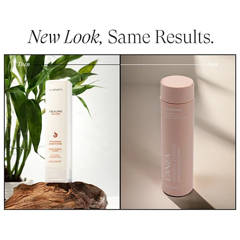 Image 1 - The image visually presents a split comparison of product packaging with the text New Look, Same Results, featuring on the left a white rectangular LANZA HEALING VOLUME Thickening Conditioner bottle on wood with bamboo, labeled Then LANZA HEALING VOLUME THICKENING CONDITIONER with Keratin Healing System for hair that is fine, thin or lifeless for maximum body & fullness Bamboo Bodifying Complex 8.5fl oz / 250ml e, and on the right a pink cylindrical LANZA HEALING VOLUME Conditioner bottle on a light surface, labeled Now Conditioner LANZA HEALING VOLUME Bamboo Bodifying Complex 8.5 fl oz / 250ml e. Image 2 - A before and after comparison showing the back of a persons head with bob-length hair, where the left side, labeled BEFORE, shows duller, wavier hair with a black top, and the right side, labeled AFTER, shows shinier, more defined wavy hair with a white top.