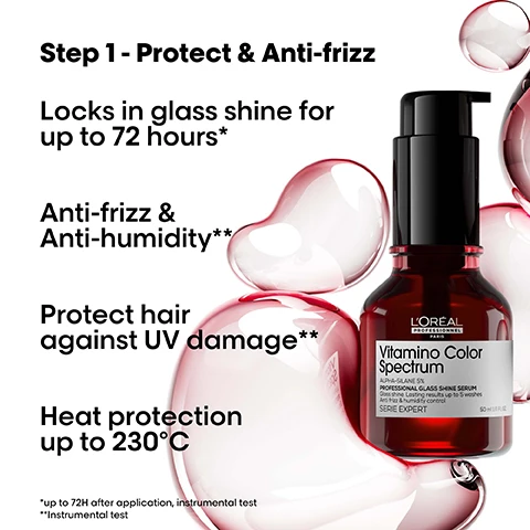 Image 1 - A dark red LOreal Professionnel Vitamino Color Spectrum hair serum bottle with a black pump, surrounded by translucent pink liquid shapes, with text on the left detailing product benefits and information: Step 1 - Protect & Anti-frizz Locks in glass shine for up to 72 hours* Anti-frizz & Anti-humidity** Protect hair against UV damage** Heat protection up to 230°C *up to 72H after application, instrumental test **Instrumental test and text on the bottle label: LOREAL PROFESSIONNEL PARIS Vitamino Color Spectrum ALPHA-SILANE 5% PROFESSIONAL GLASS SHINE SERUM Glass shine Lasting results up to 3 washes Anti frizz & humidity control SERIE EXPERT 90 ML 3.0 FL.OZ. Image 2 - A clear spray bottle of LOréal Professionnel hairspray with water droplets is displayed on a white background next to text that says Step 2 - Styling Hair Spray, Thermo-modeling spray., Shape memory., Grip & hold., LORÉAL PROFESSIONNEL PARIS, Flex Pli, SPRAY PROFESSIONNEL Thermo-modelage à mémoire de forme, PROFESSIONAL SPRAY Thermo-modeling shape memory spray, FORCE 4, tecni.art. Image 3 - A four-panel image shows before and after comparisons of two long hair transformations, one from straight dark red to wavy dark red, and another from straight light blonde to wavy light blonde. Before Before After After. Image 4 - A three-panel image demonstrating hair styling steps, showing spraying product onto hair, blow-drying roots for volume, and styling hair into curls, with the visible text How to use. 1. Spray liberally all over towel-dried hair. 2. When blowdrying, lift the roots or use rollers for added volume. 3. Style hair with a hot tool to build waves and curls. Image 5 - A man with a beard and mustache wearing a black beanie, gold-rimmed glasses, and a black t-shirt stands against a white background with text that reads Pros love it. Flex Pli is like a primer to fix movement, create texture because of its nice heat memory. @claudioapachecohairstylist Celebrity hairstylist & colorist.