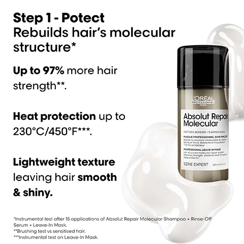 Image 1 - A LOréal Professionnel Absolut Repair Molecular gray bottle with a black cap stands amidst white, glossy product splashes, with text reading Step 1 - Potect Rebuilds hairs molecular structure* Up to 97% more hair strength**. Heat protection up to 230°C/450°F***. Lightweight texture leaving hair smooth & shiny. LOREAL PROFESSIONNEL PARIS Absolut Repair Molecular PEPTIDES BONDER + 5 AMINO ACIDS MASQUE PROFESSIONNEL SANS RINÇAGE Repare la structure moleculaire du cheveu Restores strength, elasticity and movement. Heat protector PROFESSIONAL LEAVE-IN MASK Repairs structure, elasticity and movement. Heat protector. SERIE EXPERT 300ml e 10.1 fl.oz *Instrumental test after 15 applications of Absolut Repair Molecular Shampoo + Rinse-Off Serum + Leave-In Mask. **Brushing test vs sensitised hair. ***Instrumental test on Leave-In Mask. Image 2 - A dark background with golden, clear, bubble-like structures resembling a molecular strand, and a small diagram of a hair fiber, with text that reads: THE TECH 2% Peptides bonder + 5 Amino acids Rebuilds hairs molecular structure¹ Inside the fibre. Restores hairs original strength¹, elasticity & movement². 1 Instrumental test after 15 applications of Rinse-Off Serum. 2 Consumer perception test after application of Shampoo + Rinse-Off Serum + Leave-In Mask. Image 3 - A LOréal Professionnel hairspray bottle with water droplets and white elements is shown alongside text that reads Step 2 - Get Flexible Hairstyles, Thermo-modeling spray, Shape memory, Grip & hold, LOréal Professionnel Paris, Flex Pli, Spray Professionnel Thermo-modelage à mémoire de forme, Professional Spray Thermo-modeling shape memory spray, Force 4, and tecni.art. Image 4 - A four-panel image displays a person with long blonde hair before and after styling, with the top row showing a back view of straight hair transforming into voluminous waves, and the bottom row showing a front view of the same hair transformation, accompanied by the text Before After Before After After disco curls: application of Volume extra full, Flex Liss Control, flex depolish, fix design. Image 5 - The image displays three steps for hair styling, showing spraying product on towel-dried hair, lifting roots during blow-drying, and styling with hot tools to create waves and curls, with the visible text How to use. 1. Spray liberally all over towel-dried hair. 2. When blowdrying, lift the roots or use rollers for added volume. 3. Style hair with a hot tool to build waves and curls. Image 6 - A man with a beard, mustache, glasses, and a black beanie wears a black t-shirt while looking forward, with text that reads: Pros love it. Flex Ply is like a primer to fix movement, create texture because of its nice heat memory. @claudiopachecohairstylist Celebrity hairstylist & colorist.