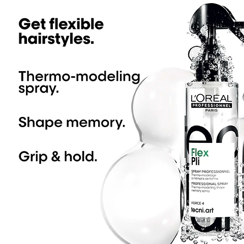 Image 1 - A clear hairspray bottle with a black pump, surrounded by spray or water droplets, is prominently displayed against a white background with large, soft white shapes, and features the text Get flexible hairstyles, Thermo-modeling spray, Shape memory, Grip & hold, LORÉAL PROFESSIONNEL PARIS, Flex Pli, SPRAY PROFESSIONNEL, Thermo-modelage, À mémoire de forme, PROFESSIONAL SPRAY, Thermo-modeling shape memory spray, FORCE 4, tecni.art. Image 2 - The image displays a before and after comparison of a womans long blonde hair, showing it transformed from straight to voluminous and wavy, with views from the back and front, labeled Before and After, and text at the bottom stating After disco curls: application of Volume extra full, Flex Liss Control, flex depolish, fix design. Image 3 - The image is a step-by-step visual guide for hair styling, demonstrating a hand spraying product on towel-dried hair, a hand blow-drying hair to lift roots, and hands styling hair into curls, accompanied by the text How to use. 1. Spray liberally all over towel-dried hair. 2. When blowdrying, lift the roots or use rollers for added volume. 3. Style hair with a hot tool to build waves and curls. Image 4 - A white bottle of LOréal Professionnel Metal Detox shampoo with a black cap is surrounded by white foamy bubbles with the text Prevent hair breakage & colour fade from hard water Up to 87% less hair breakage in 1 use* Up to 2x shinier hair* LOréal Professionnel Paris Metal Detox GLICOAMINE + IONENE Patented Technology SHAMPOOING PROFESSIONNEL Creme lavante anti-métal Empêche la casse & la couleur de virer PROFESSIONAL SHAMPOO Anti-metal cleansing cream Prevents breakage & color shift SERIE EXPERT 300 ml 10.1 fl.oz. *Instrumental test on shampoo + mask vs unwashed hair. Image 5 - A clear, organic-shaped capsule containing crumpled metallic material is centered on a black background, with text reading THE TECH Glicoamine Traps and neutralises metal inside the fibre. and Inside the fibre. It removes metal particles from hair. Image 6 - A dark image features abstract white strands with tiny copper-colored flecks representing metal inside hair, accompanied by the text #MetalDetox Did you know that wash after wash, metal penetrates inside your hair? and the LOréal Professionnel Paris logo.