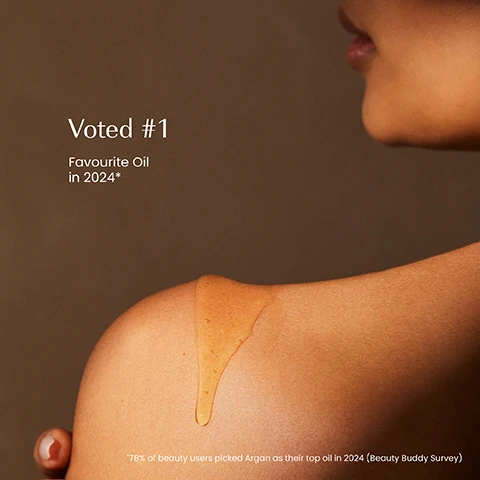 Image 1 - A close-up shows golden oil dripping down a persons shoulder and arm with the text Voted #1 Favourite Oil in 2024* and *78% of beauty users picked Argan as their top oil in 2024 (Beauty Buddy Survey). Image 2 - A hand holds a dark green bottle of Izil Pure Argan Oil, with text on the bottle reading NOURISH, PROTECT & HYDRATE, HUILE DARGAN, زيت الأركان النقي, and COSMOS ORGANIC, while text to the left states Tames frizz, Nourishes, Hydrates. Image 3 - A golden liquid with many small bubbles displays product features: 100% ORGANIC HALAL LIGHTWEIGHT & FAST-ABSORBING NON-COMEDOGENIC CRUELTY-FREE FREE FROM GMOS; ALCOHOL, ARTIFICIAL COLOURS & FRAGRANCE. Image 4 - An image shows two Izil argan oil bottles side-by-side, comparing the old packaging, an amber spray bottle, with the new packaging, a dark green conical bottle, accompanied by the text New Look, Same formula you love. The amber bottle label reads izil NOURISH ARGAN OIL COLD PRESSED 100% PURE & ORGANIC FACE.HAIR.BODY Fights ageing signs Strengthens & repairs Hydrates & nourishes ALL SKIN & HAIR TYPES. The dark green bottle label reads izil PURE ARGAN OIL NOURISH PROTECT & HYDRATE Ecocert Organic Cosmos Organic HAULE DARGAN زيت الأرغان الخالص.