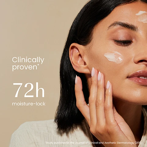 Image 1 - A woman with dark hair applies a cream to her face, with text reading Clinically proven*, 72h moisture-lock, and *Study published in the Journal of Clinical and Aesthetic Dermatology (2011). Image 2 - A dark green cosmetic jar labeled izil AKER FASSI & HA LIGHTWEIGHT GLOW CREAM HYDRATE, STRENGTHEN, SKIN BARRIER & GLOW (with Arabic text below) rests on a stone slab, alongside a vase filled with red poppy petals, a halved pomegranate, a whole pomegranate, and text labels POMEGRANATE, HYALURONIC ACID, GRAPEFRUIT. Image 3 - A persons hand holds a dark teal jar of face cream, with a finger scooping out a dollop of light pink cream; visible text includes Boosts radiance, Evens skin tone, Hydrates, and on the jar, izil AKER FASSI & HA LIGHTWEIGHT GLOW CREAM, HYDRATE, STRENGTHEN SKIN BARRIER & GLOW, CRÈME LÉGÈRE ÉCLAT À AKER FASSI & HA, and Arabic text. Image 4 - A close-up image of a light peach-colored creamy substance with visible swirls and texture, displaying the text: 97.23% NATURAL, SILICONE-FREE, MINERAL OIL-FREE, CRUELTY-FREE, FREE FROM GMOS, ARTIFICIAL COLOURS & FRAGRANCE. Image 5 - A collection of izil skincare products arranged on a stone surface with natural ingredients, featuring a teal tube of izil AHA & Algae Exfoliating Daily Cleanser 100ml labeled Exfoliate, a tall orange bottle of izil Aker Fassi & Rice Protein Glow Toner 100ml labeled Tone, a small teal jar of izil Aker Fassi & HA Lightweight Glow Cream 50ml labeled Moisturise, and a dark teal jar of izil Aker Fassi Instant Glow Face Mask 50ml labeled Mask, with props including a red poppy, rice, a plum, a prickly pear, and a grapefruit slice. Image 6 - An image displays a product comparison, showing an old amber jar of Izil Energizance Aker Fassi on the left and a new teal Izil Aker Fassi & HA Lightweight Glow Cream jar on the right, accompanied by the text New Look and Same formula you love.