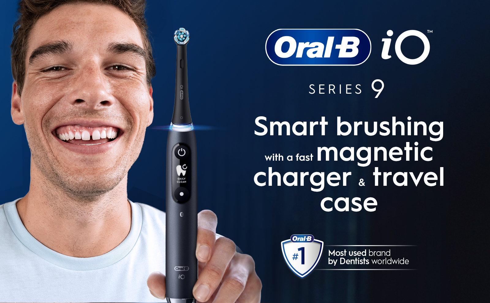 An Oral-B iO Series 9 electric toothbrush with a man smiling on the left, holding a black Oral-B iO9 toothbrush with a no.1 dentist claim