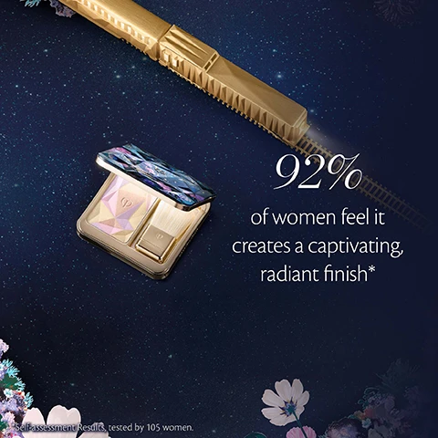 Image 3 - A golden cosmetic compact with an open faceted blue lid, revealing a multi-color blush palette and brush, is set against a starry dark blue background with a golden toy train and floral elements, accompanied by the text 92% of women feel it creates a captivating, radiant finish* and *Self-assessment Results, tested by 105 women. Image 5 - A collection of Clé de Peau luxury beauty products, including a purple serum, red lipstick, a powder compact, a purple cream jar, and an eyeshadow palette, is displayed with whimsical paper-cut illustrations of a hummingbird, deer, peacock, ladybug, leopard, fawn, and colorful flowers, plus a golden toy train, all against a dark blue starry background with reflections, featuring the text Clé de Peau BEAUTÉ DREAMS EXPRESS COLLECTION, Clé de Peau BEAUTÉ LE SÉRUM THE SERUM, and Clé de Peau BEAUTÉ LA CRÈME.