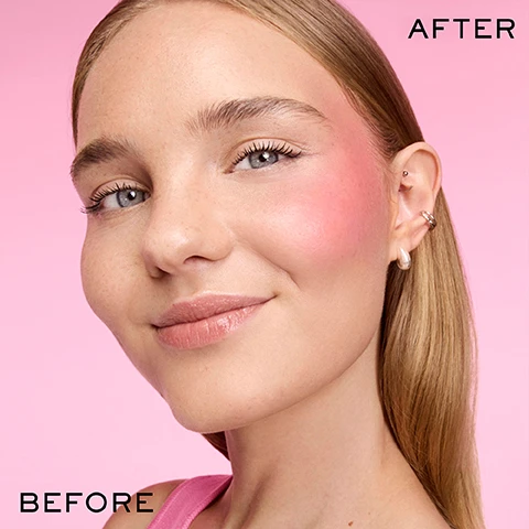 Image 3 - A close-up of a woman smiling with pink blush on her cheek and temple, against a pink background, with text AFTER in the top right and BEFORE in the bottom left. Image 4 - Three Lancôme lip glosses are displayed on a textured pink background, with one open showing its applicator coated in gloss, accompanied by the text 85% SERUM-BASED FORMULA. Image 5 - A smiling Black woman with curly hair, glossy lips, and rosy cheeks holds a Lancôme lip gloss in a rose gold and pink tube, wearing a fuchsia top and silver hoop earrings against a pink background, with text that reads CHEEK-PLUMPING EFFECT* *CONSUMER TEST ON 124 WOMAN.