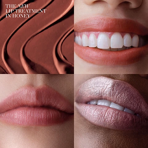 Image 11 - A transparent sphere filled with glowing golden-yellow particles is set against a dark gradient background, with text reading THE NEW RESTORATIVE FERMENT WORKS TO PROTECT LIPS MOISTURE BARRIER, DYNAMIC PIGMENT TECHNOLOGY Creates harmonious color to reveal a smooth, even finish, and MIRACLE BROTH™ Cell-renewing elixir floods skin with energy. Image 3 - A four-panel image features a top-left panel with swatches of a reddish-brown lip product and the text THE NEW LIP TREATMENT IN HONEY, a top-right panel showing a smiling mouth with bright white teeth wearing a warm peach-toned lip product, a bottom-left panel displaying lips with a soft pink lip product, and a bottom-right panel showing lips with a shimmering light pink or metallic-honey lip product. Image 4 - A close-up shot shows a pinkish-red tinted lip balm in a sleek metallic tube with the La Mer logo visible on its side, against a blurred blue-green background, displaying text reading 36% IMPROVEMENT IN LIP BARRIER OVER TIME* and *Clinical testing on 30 women after using product for 6 weeks. Image 5 - A close-up of a persons face featuring green eyes and naturally colored lips, with the text The New Lip Treatment in Bare. Image 6 - Three arms with varying skin tones are shown, each displaying four numbered swatches of lip product, corresponding to the shades 1 BARE, 2 ROSE, 3 COCOA, 4 HONEY. Image 7 - Four La Mer lip treatments in shades of rose, bare, honey, and cocoa are displayed in a row on a reflective surface against a soft blue-grey background, with text that reads THE NEW LIP TREATMENT, ROSE, BARE, HONEY, COCOA, FROM BOLD TO BARE. THESE LIPS ARE LA MER. Image 8 - A bottle of La Mer The Renewal Oil, a white jar of La Mer The Moisturizing Soft Cream, a pink La Mer lip treatment, and a rose-colored La Mer lipstick are artfully arranged, with overlay text that reads Glow Getters Regimen Featuring The NEW Lip Treatment in Rose. Image 9 - A close-up image shows a person holding a rose gold lipstick tube with the LA MER logo near their pursed pink lips, with overlaying text that reads 1 Apply directly onto lips as needed throughout the day and 2 Layer under The Lip Volumizer for a voluminous glow that plumps, hydrates and defines lips.