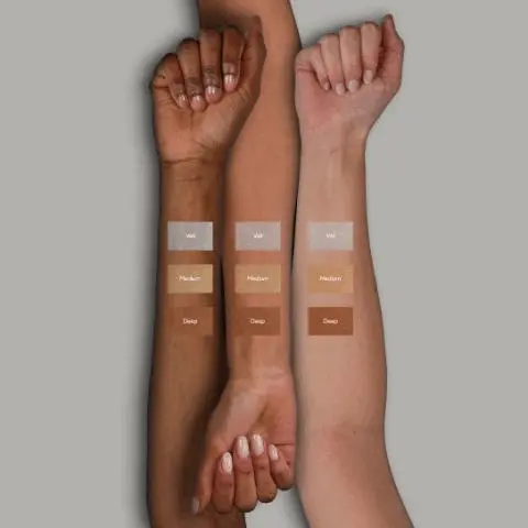 Image 1 - Three arms of different skin tones are shown with three rectangular makeup swatches on each, labeled Veil, Medium, and Deep. Image 2 - Three No7 pressed powder compacts are shown, two open revealing light beige and white powder, with text that reads Blurs the look of imperfections, Finely-milled pressed powder creates a sheer veil on the skin, SET THE SCENE PRESSED POWDER, Barely-there, mattifying powder with a soft-focus finish. Three No7 pressed powder compacts are shown, two open revealing light beige and white powder, with text that reads Blurs the look of imperfections, Finely-milled pressed powder creates a sheer veil on the skin, SET THE SCENE PRESSED POWDER, Barely-there, mattifying powder with a soft-focus finish..