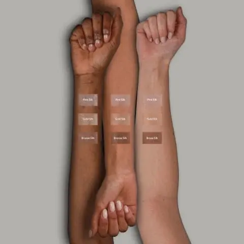 Image 1 - Three forearms with different skin tones (dark, medium, and light) are shown vertically, each displaying swatches of three makeup shades labeled Pink Silk, Gold Silk, and Bronze Silk. Image 2 - The image displays three No7 pressed highlighters in bronze, champagne, and rose gold shades, some broken, with accompanying text: RADIANT GLOW HIGHLIGHTER. Silky, featherlight highlighter awakens the complexion. Blendable and buildable light-diffusing powder creates a luminous shine. Achieve a lit-from-within glow with a lasting finish.