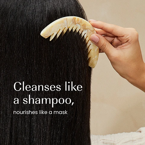 Image 1 - A hand gently combs through long, dark hair with a marbled, wide-toothed comb, with the text Cleanses like a shampoo, nourishes like a mask. Image 2 - A hand holds a cream-colored shampoo bottle upside down, pouring a clear liquid into an open palm, with text on the bottle reading IZ!I, NUTRICARE ARGAN NOURISHING SHAMPOO, NOURISH, HYDRATE & SOFTEN, Aloe Vera, Argan oil Plant-Derived Glycerine, 1:1, SHAMPOOING NOURRISSANT À LARGAN, ALL HAIR TYPES, and additional text on the left background stating Locks in moisture, Nourishes, Softens. Image 3 - The image shows izil shampoo packaging, comparing the old white tube on the left with the new beige bottle on the right, featuring the visible text: New Look, Same formula you love, izil, NOURISH, NUTRICARE ARGAN NOURISHING SHAMPOO, NOURISH HYDRATE & SOFTEN, ALL HAIR TYPES, Aloe Vera, Wheat Protein, Plant-Derived Squalane, 1:8, Shampooing Nourrissant à lArgan.