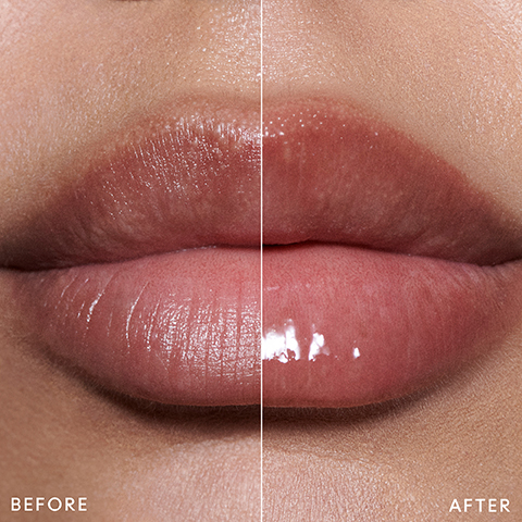 A close-up image of lips split vertically, showing the lips before (left) with a natural finish, and after (right) with a plumper, smoother, and glossy appearance. Text on the image reads: BEFORE, AFTER.