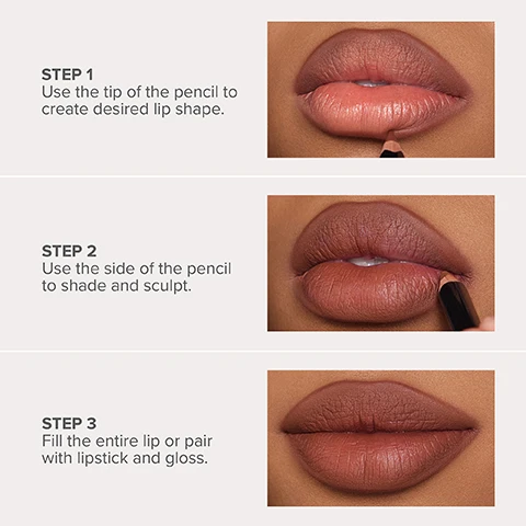 Image 3 - A three-step guide to applying lip makeup features a persons lips: in Step 1, a lip pencil outlines the bottom lip, with text reading Step 1 Use the tip of the pencil to create desired lip shape; in Step 2, the pencil shades the lips inwards, with text reading Step 2 Use the side of the pencil to shade and sculpt; and in Step 3, the lips are fully colored with a matte brown-pink, with text reading Step 3 Fill the entire lip or pair with lipstick and gloss. Image 5 - Several black lip liner pencils in various nude shades, some sharpened, are arranged vertically on a light grey background, with visible text including BEVERLY HILLS, LIP LINER | MUTED MAUVE, LIP LINER | ROSEWOOD, LIP LINER | CARAMEL, LIP LINER | MOCHA, and descriptive points: FULL-PIGMENT COLOR WITH A SEAMLESS, VELVETY-MATTE FINISH, WOOD PENCIL DELIVERS EXTREME-PRECISION + CRISP LINES, GLIDES ON SMOOTHLY TO SHAPE, DEFINE + CONTOUR LIPS. Image 6 - A promotional image for Anastasia Beverly Hills Lip Liners shows a magnified view of a sharpened lip liner tip on the left, and several black square-shaped lip liner pencils with gold lettering and sharpened tips in shades Mocha, Caramel, and Rosewood on the right, with visible text reading: EXTREME-PRECISION TIP Shape, contour, fill + define, WOOD PENCIL Can be sharpened to a fine tip, SQUARE SHAPE Insanely controllable, and doesnt roll, BEVERLY HILLS LIP LINER | MOCHA, BEVERLY HILLS LIP LINER | CARAMEL, BEVERLY HILLS LIP LINER | ROSEWOOD. Image 7 - Two black cosmetic pencils with peach and reddish-brown tips are shown on a white surface with swatches of their colors, accompanying text that reads: VELVETY MATTE TEXTURE. ✓ Creamy formula is never shiny, slippery or drying ✓ Seamless finish with no feathering or skipping ✓ High-payoff for quick, easy + even application Image 8 - A four-panel grid shows close-ups of different lip looks, with the title Customize Your Look Perfect Pairs, featuring a top-left matte brown nude lip labeled Lip Liner Parchment, a top-right glossy peach-brown lip labeled Lip Liner + Lip Gloss Cool Brown + Goldy, a bottom-left matte dusty rose pink lip labeled Lip Liner + Lipstick Dusty Rose + Blush Brown, and a bottom-right matte cool brown nude lip labeled Lip Liner + Lip Velvet Cool Brown + Hush Rose.
