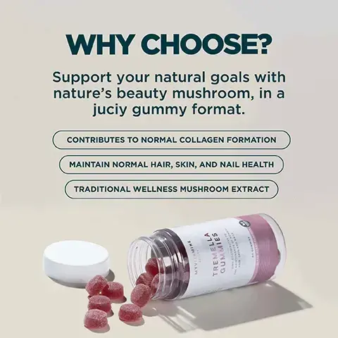 Image 1 - An open bottle of reddish-pink Myvitamins Beauty Tremella Gummies with several gummies spilled out is shown next to text that asks WHY CHOOSE? and explains Support your natural goals with natures beauty mushroom, in a juciy gummy format, followed by benefits: CONTRIBUTES TO NORMAL COLLAGEN FORMATION, MAINTAIN NORMAL HAIR, SKIN, AND NAIL HEALTH, TRADITIONAL WELLNESS MUSHROOM EXTRACT, with the bottle label also stating ZINC CONTRIBUTES TO THE MAINTENANCE OF NORMAL HAIR, SKIN, AND NAILS and 60 GUMMIES. Image 2 - A close-up of many round, sugar-coated, dark red gummies with the text NATURES BEAUTY MUSHROOM IN A JUICY GUMMY FORM. Image 3 - Two round, red, sugar-coated gummies are displayed with their dimensions indicated as 21mm for diameter and 11mm for height, above text that reads Daily Suggested Serving - 2 Gummies. Image 4 - Image showing a nutritional information label with the following text: NUTRITIONAL INFORMATION, ACTIVE INGREDIENTS, Daily Serving 2 Gummies, Tremella fuciformis Polysaccharide 200:1 Extract 1200µg, Equivalent Tremella Mushroom 400mg, Zinc 3(30%*), *NRV - Nutrient Reference Value.