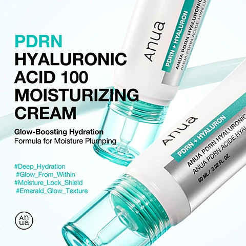 Image 1 - Two white dropper bottles with green caps and clear bases, containing a teal-colored liquid, are angled on a light background, displaying text PDRN HYALURONIC ACID 100 MOISTURIZING CREAM, Glow-Boosting Hydration, Formula for Moisture Plumping, #Deep_Hydration, #Glow_From_Within, #Moisture_Lock_Shield, #Emerald_Glow_Texture, Anua, PDRN + HYALURON, ANUA PDRN HYALURONIC ACID, ANUA PDRN ACIDE HYALU, and 60 ML / 2.02 FL. OZ. Image 2 - A white Anua 100+ PDRN + Hyaluron moisturizing cream tube with a clear teal pump dispenser is shown against a light blue background with blurred teal spheres, featuring text on the left listing product benefits: Plump It. Smooth It. Hydrate Deep. Moisturizes and leaves your skin silky-soft, PDRN Salmon DNA-derived ingredient that helps improve skin appearance & glow, 10 types of Hyaluronic Acid Hyaluronic Acid replenishes moisture throughout the skin, Hydrolyzed Collagen Helps make skin look firmer and feel more bouncy, and text on the tube reading Anua 100+ PDRN + HYALURON ANUA PDRN HYALURONIC ACID 100 MOISTURIZING CREAM ANUA PDRN ACIDE HYALURONIQUE 100 CREME HYDRATANTE 60 mL / 2.02 FL. OZ. Image 3 - A close-up of a face with small white dots of product, as a hand applies more Anua PDRN + HYALURON cream from a tube, with on-screen text indicating Skin Moisture Improvement +22.31%, Improved Absorption +8.10%, Moisture plumping effect +10.79%, and a footnote reading *Compared to before use. A Clinical Study of PDRN HYALURONIC ACID 100 MOISTURIZING CREAM on the Improvement of Dermal Hydration for 100 Hours, Moisture Plumping Effect, Multi-dimensional (3D) Skin Gloss, and Skin Absorption | Test Institution: Korea Institute of Dermatological Sciences | 12/12/2024 – 16/12/2024 | Participants: 22 adult women (20-67) | *Results may vary. Image 4 - A graphic shows a small teal liquid droplet labeled Before Use connected by a stem to a larger teal liquid droplet with a white dotted cross labeled 100 hours After, illustrating the improvement of dermal hydration, with visible text reading Improvement of dermal hydration for 100 hours, +11.23%, A Clinical Study of PDRN HYALURONIC ACID 100 MOISTURIZING CREAM on the Improvement of Dermal Hydration for 100 Hours, Moisture Plumping Effect, Multi-dimensional (3D) Skin Gloss, and Skin Absorption Test Institution: Korea Institute of Dermatological Sciences | 12/12/2024 - 16/12/2024 | Participants: 22 adult women (20-67) | Results may vary. Image 5 - A light green product is squeezed from a tube with a dropper-like nozzle onto a white surface, with an accompanying illustration of a dropper dispensing a single drop, alongside text that reads How To Use For hygienic use, dispense only the needed amount using the dropper-type tip and evenly apply it across your face. Dispenses in small drops! Image 6 - A close-up of a persons face shows a hand applying white cream to the cheek, with visible text overlay that reads When To Apply Can be used daily, AM & PM. Always finish with sunscreen for daytime.