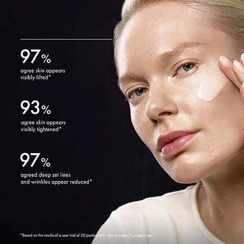 Image 2 - A woman with light hair applies a white cream to her cheek against a dark background, with text stating 97% agree skin appears visibly lifted*, 93% agree skin appears visibly tightened*, 97% agreed deep set lines and wrinkles appear reduced*, and *Based on the results of a user trial of 30 participants after 4 weeks of product use. Image 3 - A white, circular blob of serum is shown on a black background, with text above reading EXOSOME SHOT SERUM and a table below listing Ingredient and Benefit; Exosomes Boost repair and cell turnover, Microspicules Help stimulate cell regeneration, and Black Diamond Powder Aids delivery of actives. Image 4 - A black background displays a white smear of cream product and a table outlining ingredients and benefits, with the text Exosome Overnight Mask, Ingredient, Benefit, Exosomes Boost repair and cell turnover, Milk Thistle Extract Prevents senescent zombie skin cells, Lifting Peptide Sequence Stimulates elastin synthesis. Image 5 - Close-up comparison of skin showing pronounced wrinkles on Day 1 and noticeably smoother skin with reduced wrinkles on Day 28. Image 6 - The image shows a woman with fair skin and light blonde hair wearing a white long-sleeved top, resting her head on her hand and looking forward, with two black and silver bottles labeled 111SKIN REGNERATIVE in front of her, above text that reads: CLINICALLY PROVEN TO: Lift the skin by +23%**, Increase skin firmness by +20%*, *clinical grading assessment using a 10-point scale conducted on 30 participants after 4 weeks of product use. **Instrumental testing using a Cutometer conducted on 30 participants after 4 weeks of product use. Image 7 - The image shows two dark skincare product bottles, one standing and one lying down, on a dark reflective surface with a glowing white light source on the left, next to a testimonial that reads: At my clinic, 111 Harley St, exosomes already play a key role in advanced treatments due to their remarkable ability to repair, regenerate, and rejuvenate the skin. It’s incredibly exciting to bring a similar level of efficacy and results to cabinets at home. The testimonial is attributed to Dr Yannis Alexandrides, MD, Triple Board-Certified Plastic & Reconstructive Surgeon, with a signature Dr Yannis Alexandrides; the standing bottle is labeled 111SKIN HARLEY ST. LONDON EXOSOME OVERNIGHT MASK MASQUE DE NUIT AUX EXOSOMES and the lying bottle is labeled 111SKIN HARLEY ST. LONDON EXOSOME SERUM BOOSTER SÉRUM BOOSTER AUX EXOSOMES.