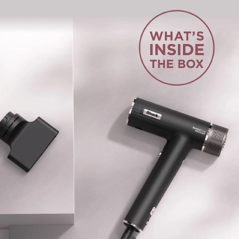 Image 2 - A black Shark SpeedStyle PROFLEX hair dryer and its concentrator nozzle are displayed on a light surface, with a red circle in the upper right stating WHATS INSIDE THE BOX. Image 3 - A black Shark SpeedStyle PRO hair dryer emits a stream of air, with a blue badge reading DEVELOPED WITH DERMATOLOGISTS SCALP SHIELD STYLIST APPROVED and a white text box below stating ACTIVATE TO INSTANTLY ADJUST TEMP + PROTECT SCALP FROM EXTREME HEAT. Image 4 - A woman with wet blonde hair dries it with a black and rose gold hair dryer, while an inset shows hands pressing buttons on the dryer handle, a blue badge in the upper left reads DEVELOPED WITH DERMATOLOGISTS SCALP SHIELD STYLIST APPROVED, and a banner at the bottom states EASILY ACTIVATE SCALP SHIELD MODE WITH THE TOUCH OF A BUTTON. Image 5 - A black Shark SpeedStyle PRO hair dryer emits pink air, with four icons describing its features: AIRFLOW 1-100 MPH in less than a second, HIGH PERFORMANCE, POWERFUL & COMPACT Delivering fast salon-quality results, and NO HEAT DAMAGE Measures and regulates temperatures 1,000 times every second, never exceeding 110°C. Image 6 - An infographic displays a central blue shield logo stating Developed with Dermatologists, Scalp Shield, Stylist Approved, surrounded by three feature descriptions: Optimal Temperature, Regulated temperature optimised for scalp safety; Protect New Growth, Designed to protect new hair growth from extreme heat; and High-Velocity Flow, Wet-to-dry, fast with less heat. Below, a rectangular button says ACTIVATE TO INSTANTLY ADJUST TEMPERATURE + PROTECT SCALP FROM EXTREME HEAT, and at the bottom is a small shield icon with the text Developed with Dermatologists. Image 7 - A womans hair is shown before and after styling, transitioning from messy and wavy to sleek and straight, with a turbo concentrator hair dryer attachment displayed below, and the visible text Before, After, TURBO CONCENTRATOR, Fast, effortless drying to create sleek, straight styles. Image 8 - Five diverse people, three women and two men, with varying hairstyles and skin tones, smile at the camera, with the text FOR ALL HAIRKIND at the bottom.