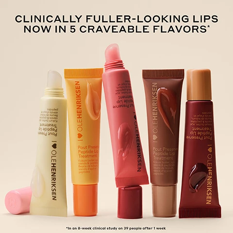 Image 2 - The image displays five tubes of OLEHENRIKSEN Pout Preserve Peptide Lip Treatment in shades of pale yellow, orange, coral pink, light brown, and dark red, each showing a dollop of the product on its surface, with the text CLINICALLY FULLER-LOOKING LIPS NOW IN 5 CRAVEABLE FLAVORS* and a disclaimer *In an 8-week clinical study on 39 people after 1 week. Image 3 - Close-up of a person applying a clear, shiny lip treatment from a light yellow tube to their lips, with the text CANDY-DIPPED LIPS, POUT PRESERVE PEPTIDE LIP TREATMENT, NOW IN VANILLA BONBON. Image 4 - The image shows a title Pout Preserve Lip Treatment Vanilla Bonbon above a grid of three rows, each with before and immediately after close-up photos of lips on different skin tones, transitioning from dry lips to visibly plumper and glossier lips, with the headings Before and Immediately After. Image 5 - A cream-colored lip treatment tube with thick product dripping from its applicator is displayed against a peach background, with text that reads INSTANTLY hydrates + improves elasticity*, Clinically fuller-looking lips in 1 WEEK*, Pout Preserve Peptide Lip Treatment, Kokum butter, açai sterols & peptides, Beurre de kokum, stérols daçaï et peptides, I ❤️ OLE, INSTANTLY reduces the look of lip lines*, and *In an 8-week clinical study on 39 people. Image 6 - A light beige swirl of product is featured on a cream background, illustrating LIP-PLUMPING HYDRATION ingredients including Lip-Specific Peptides that Make lips look more defined + fuller, Kokum + Mango Seed Butter that Soothe, nourish + condition lips, Scandinavian Cloudberry Oil that Provides intense moisture + visibly softens lips, and Acai Sterols that Help strengthen skin barrier + boost hydration. Image 7 - A persons glossy pink lips are about to bite into a spherical light yellow lip balm, with text that reads BITE INTO BONBON SHEER GLOSSY FINISH SWEET VANILLA SCENT LONG-LASTING HYDRATION.