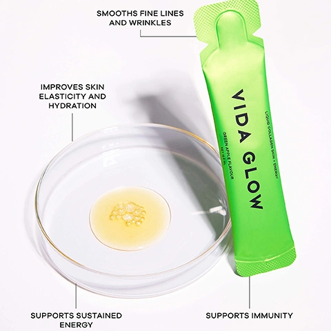 Image 1 - A green Vida Glow sachet is displayed with a petri dish containing yellow liquid, featuring text that says SMOOTHS FINE LINES AND WRINKLES, IMPROVES SKIN ELASTICITY AND HYDRATION, SUPPORTS SUSTAINED ENERGY, SUPPORTS IMMUNITY, and on the sachet, VIDA GLOW LIQUID COLLAGEN SKIN + ENERGY GREEN APPLE FLAVOUR NET 12.5 mL. Image 2 - An image shows a before-and-after comparison of a persons face with less visible wrinkles from WEEK 1 (top) to WEEK 12 (bottom), alongside a green panel featuring the text 96% of participants had a reduction in wrinkles* MEASURED BY VISIA® TECHNOLOGY and a white box for VIDA GLOW DAILY ESSENTIAL LIQUID COLLAGEN SKIN + ENERGY IMPROVES FINE LINES BOOSTS SKIN HYDRATION GREEN APPLE FLAVOUR, with *BASED ON 12 WEEK CONSUMER STUDY at the bottom.