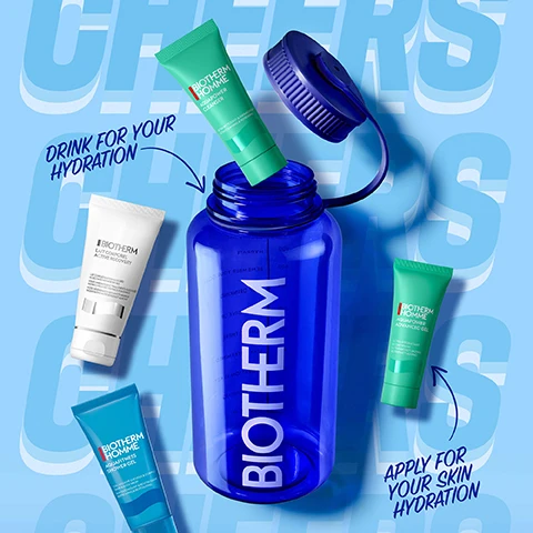 Image 1 - A green tube of Biotherm Homme Aquapower Cleanser is dropped into a blue water bottle with its dark blue cap, surrounded by a white tube of Biotherm Lait Corporel Active Recovery, a blue tube of Biotherm Homme Aquafitness Shower Gel, and a green tube of Biotherm Homme Aquapower Advanced Gel, all resting on a light blue background with visible text that reads DRINK FOR YOUR HYDRATION, APPLY FOR YOUR SKIN HYDRATION, and BIOTHERM printed vertically on the bottle. Image 2 - A blue plastic water bottle with its dark blue cap open and tethered to the bottle floats against a light blue sky with faint clouds, displaying the text BIOTHERM vertically on its side, and in the top left corner, the text OUR COMMITMENTS and MADE FROM 100% RECYCLED PLASTIC.