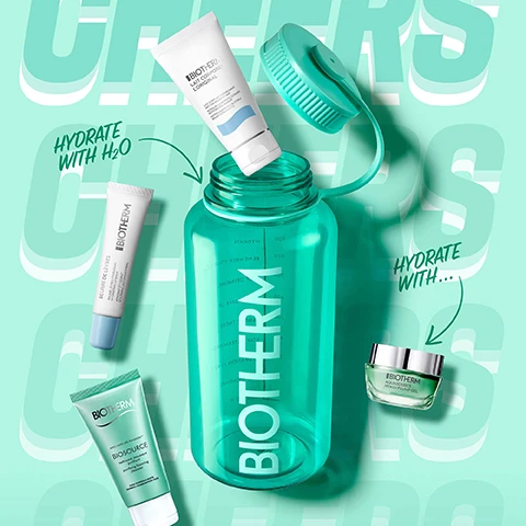 Image 1 - A teal Biotherm branded water bottle with a removed cap, displaying vertical BIOTHERM text, measurement lines for 800, 600, 400, 200 ml, and hydration messages like HYDRATE YOUR SKIN, DRINKING WATER, ENJOY THE DAY, is surrounded by four Biotherm skincare products: a white tube of BIOTHERM LAIT CORPOREL LORIGINAL ANTI-DRYING BODY MILK that RESTORES SKIN BARRIER and has BRIGHT CITRUS NOTES; a small white tube of BIOTHERM BEURRE DE LÈVRES HYDRATING LIP BALM that is SOOTHING AND SMOOTHING; a green tube of BIOTHERM BIOSOURCE purifying foaming cleanser for NORMAL/COMBINATION SKIN; and a green jar of BIOTHERM AQUASOURCE HYALU PLUMP GEL, all placed on a light green background with the overlaying green script text HYDRATE WITH H2O and HYDRATE WITH... Image 2 - A translucent teal green water bottle with its cap open and attached by a strap is suspended against a blue sky, displaying the text OUR COMMITMENTS, MADE FROM 100% RECYCLED PLASTIC, and on the bottle, BIOTHERM, along with various hydration measurements and encouraging messages like STAY HYDRATED.