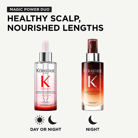 Image 1 - The image shows two Kérastase hair product bottles, with the text MAGIC POWER DUO HEALTHY SCALP, NOURISHED LENGTHS at the top, the left bottle is KÉRASTASE PARIS K GENESIS SÉRUM ANTI-CHUTE FORTIFIANT ANTI HAIR-FALL FORTIFYING SERUM with AMINEXIL + RACINE DE GINGEMBRE + CAFEINE, RECHERCHE AVANCÉE, 90 ml 3.04 fl.oz., for DAY OR NIGHT use, and the right bottle is KÉRASTASE PARIS K NUTRITIVE 8H MAGIC NIGHT SERUM with PLANT-BASED PROTEINS + NIACINAMIDE, RECHERCHE AVANCÉE, 90 ml 3.04 fl.oz., for NIGHT use. Image 2 - The image displays two Kérastase hair serums, a pink-toned Kérastase Genesis Sérum Anti-Chute Fortifiant Anti Hair-Fall Fortifying Serum and an amber-toned Kérastase Nutritive 8H Magic Night Serum, positioned next to the title MAGIC POWER DUO, with text detailing benefits for SCALP UP TO 84% LESS HAIR-FALL DUE TO BREAKAGE* and for LENGTHS UP TO 84% INSTANTLY LESS FRIZZ**, both bottles labeled Recherche Avancée and 90 ml 3.04 fl.oz., and further text *Brushing test: Bain Nutri-Fortifiant + Masque Reconstituant + Serum Anti-Chute Fortifiant vs Classical Shampoo. **Instrumental test. Image 3 - The image displays two Kérastase hair products, an orange pump bottle labeled Kérastase Paris Nutritive 8H Magic Night Serum Plant-Based Proteins + Niacinamide with instructions for Night use: Apply 2-4 pumps throughout lengths and ends of dry or damp hair, Leave overnight, and a red dropper bottle labeled Kérastase Paris Genesis Sérum Anti-Chute Fortifiant Anti-Hair-Fall Fortifying Serum Aminexil + Racine de Gingembre + Caféine with instructions for Day or Night use: Apply 3-4 drops on dry or towel-dried scalp, section by section, Leave on, all presented under the heading How To Use, with both bottles also indicating Recherche Avancee 90 ml 3.04 fl.oz. Image 4 - Two Kérastase hair product bottles, a 90ml Genesis Anti Hair-Fall Fortifying Serum and a 90ml Nutritive 8H Magic Night Serum, are displayed on white pedestals, with testimonials stating My hair feels stronger, my scalp is healthier and Ive noticed way less shedding and breakage with 4.5 +1400 REVIEWS, and When I wake up, my hair feels incredibly soft, nourished and much easier to manage with 4.8 +2300 REVIEWS, all reviews from kérastase.co.uk.
