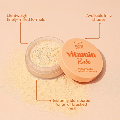 Image 4 - A clear jar of The Beauty Crop Vitamin Babe Setting Powder is open with its peach lid next to it, surrounded by spilled powder on a light peach surface, with orange text pointing to the product that reads Lightweight, finely-milled formula, Available in 12 shades, and Instantly blurs pores for an airbrushed finish. Image 5 - A flat lay shows twelve open pots of makeup setting powder in various shades, from light to dark, arranged in a circle around three closed peach-colored compacts, with descriptive text for each product: THE BEAUTY CROP vitamin Babe Setting Powder Poudre Libre Fixatrice, PEACH Warm peach to help neutralise dullness and dark circles for light/medium skintones, TRANSLUCENT Transparent coverage for all skintones, TRANSPARENT Fair-medium skin tones with translucent coverage, FAIR Light coverage with neutral undertones for fair-light skin tones, LIGHT Light coverage with warm undertones for light skin tones, MEDIUM Light coverage with golden undertones for medium-tan skintones, DEEP Light coverage with red undertones for deep skintones, RICH Light coverage with warm undertones for tan-deep skintones, PINK Light cool pink for fair skintones to help brighten and disguise dark circles, LILAC Light cool purple to help neutralise dullness fair/light skintones, BANANA Soft golden yellow undertones to help brighten medium-deep skintones, and BANANA LITE Light banana yellow to help brighten fair-medium skintones.