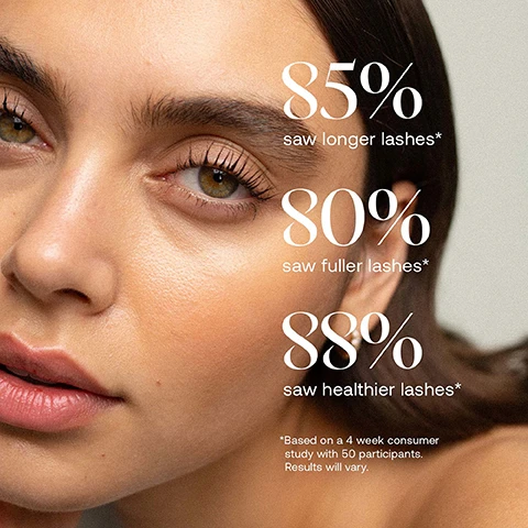 Image 1 - A close-up of a persons left eye with long, dark eyelashes and their lower face, accompanied by text that reads 85% saw longer lashes*, 80% saw fuller lashes*, 88% saw healthier lashes*, *Based on a 4 week consumer study with 50 participants. Results will vary. Image 2 - A black klash Eyelash Serum tube with its applicator brush holding a translucent drop of serum is shown next to text listing Key Ingredients: BIOTIN PEPTIDE Encourages hair growth, VITAMIN B5 Soothes and conditions lashes, and MYRISTOYL PENTAPEPTIDE-17 Promotes keratin production. Image 3 - A close-up split image shows a brown eye before and after an eyelash treatment, with the top section showing shorter, natural lashes labeled before and the bottom section showing longer, curled, and fuller lashes labeled after. Image 4 - A two-panel image shows a close-up of a persons green eye with straight, lighter lashes in the top panel labeled before, and significantly lifted, curled, and darker lashes in the bottom panel labeled after.