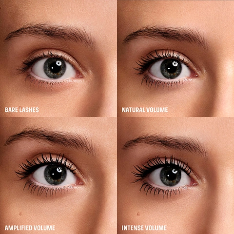 Image 1 - A four-panel grid shows a close-up of a human eye with progressively more voluminous eyelashes, labeled Bare Lashes, Natural Volume, Amplified Volume, and Intense Volume. Image 2 - The image shows four side-by-side before and after comparisons of womens eyes with enhanced lashes, featuring text labels that read BEFORE, AFTER, CURLY LASHES, SHORT LASHES, THIN LASHES, SPARSE LASHES.