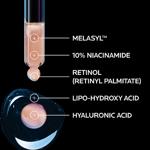 Image 1 - A close-up shot of a dropper dispensing a beige-pink liquid into a dark blue substance, with labels pointing to different ingredients: MELASYL™, 10% NIACINAMIDE, RETINOL (RETINYL PALMITATE), LIPO-HYDROXY ACID, and HYALURONIC ACID. Image 2 - A purple La Roche-Posay Mela B3 Serum bottle with a white dropper is centered between two rows of before-and-after images showing dark spots on skin visibly reduced, accompanied by text reading BEFORE, AFTER, LA ROCHE-POSAY LABORATOIRE DERMATOLOGIQUE MELA B3 SÉRUM CONCENTRÉ INTENSIF ANTI-TACHES ANTI-RÉCIDIVE INTENSIVE ANTI-DARK SPOTS CONCENTRATE ANTI-RECURRENCE MELASYL 10% NIACINAMIDE / VITAMINE B3 AVEC DE LEAU THERMALE DE LA ROCHE-POSAY, and two disclaimers: Individual results 8 weeks daily use. Individual results will vary. and Individual results 12 weeks daily use. Individual results will vary. Image 3 - The image displays two abstract circular forms in shades of purple and blue on a black background, with the text MELASYL™, 10% NIACINAMIDE, FIGHT HYPERPIGMENTATION. A NEW MODE OF ACTION, LIKE NEVER BEFORE™, and SOOTHES THE SKIN & STRENGTHENS THE SKIN BARRIER. Image 4 - A white La Roche-Posay sunscreen bottle with an orange square logo is presented against a dark, abstract background with glowing purple and black shapes, displaying prominent text ANTI-DARK SPOTS FLUID ANTHELIOS UVMUNE 400 ULTRA-LONG UVA PROTECTION, alongside further details on the bottle label including LA ROCHE-POSAY LABORATOIRE DERMATOLOGIQUE 50+ SPF Très haute protection / Very high protection ANTI-TACHES MELASYL UVB + UVA PPD 53 PA++++ ANTI-OXYDANT SHORT UVA LONG UVA UV400 UV. Image 5 - A hand in a white glove holds a white bottle of La Roche-Posay sunscreen, which displays the text LA ROCHE-POSAY LABORATOIRE DERMATOLOGIQUE ANTHELIOS UVMUNE 400 50+ Trés haute protection / Very high protection UVB + UVA (UVA PPD 26) PA++++ ANTI-OXYDANT PIGMENT CORRECT FLUIDE/FLUID ULTRA-LONG UVA PROTECTION Melasyl TM, and a diagram with text UVB UVA SHORT UVA ULTRA-LONG UVA < 280nm 280-320nm 320-340nm 340-380nm 380-400nm -> 400nm, while prominent text to the left announces UV FILTER: MEXORYL 400 THE MOST EFFICIENT UV FILTER AGAINST THE MOST PENETRATIVE RAYS*, followed by a disclaimer *Ultra-long UVA rays [380-400nm] UVA causes premature ageing. For more information contact: www.laroche-posay.co.uk/en_GB/customer-service-contact-us. Image 6 - The image shows three numbered skincare products from LA ROCHE-POSAY LABORATOIRE DERMATOLOGIQUE, each incorporating MELASYL: 1, a purple pump bottle with text MELA B3 GEL MICRO-PEELING CLARIFIANT ANTI-TACHES PURIFYING MICRO-PEELING GEL ANTI-DARK SPOTS Niacinamide 200 ml made in France, and below it, MELA B3 CLEANSER PURIFYING MICRO-PEELING; 2, a purple dropper bottle with text MELA B3 SÉRUM CONCENTRÉ INTENSE ANTI-TACHES ANTI-RÉCIDIVE Niacinamide + Vitamin B3 AVEC DE LEAU THERMALE DE LA ROCHE-POSAY, and below it, MELA B3 SERUM ANTI-DARK SPOTS; and 3, a white bottle with text ANTHELIOS UVMUNE 400 50+ ANTI-TACHES / ANTI-DARK SPOTS FLUID ULTRA-LONG UVA PROTECTION, and below it, ANTHELIOS UVMUNE 400 PROTECT UVA AND UVB. Image 7 - A split image shows a purple sphere with radiating lines and sparkles on the left, and a golden sphere with radiating lines and sparkles on the right, with text that reads ANTI-PIGMENTATION PROTECTS AND CORRECTS FROM UNEVEN SKIN TONE TO THE APPEARANCE OF PERSISTENT DARK SPOTS MEXORYL 400 ULTRA-LONG UVA PROTECTION.
