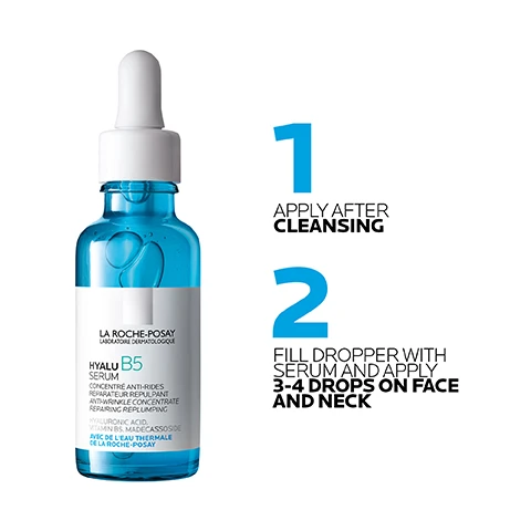 Image 1 - A blue dropper bottle of La Roche-Posay Hyalu B5 Serum is shown next to application instructions: LA ROCHE-POSAY LABORATOIRE DERMATOLOGIQUE HYALU B5 SERUM CONCENTRÉ ANTI-RIDES RÉPARATEUR REPULPANT ANTI-WRINKLE CONCENTRATE REPAIRING REPLUMPING HYALURONIC ACID, VITAMIN B5, MADECASSOSIDE AVEC DE LEAU THERMALE DE LA ROCHE-POSAY 1 APPLY AFTER CLEANSING 2 FILL DROPPER WITH SERUM AND APPLY 3-4 DROPS ON FACE AND NECK. Image 2 - Two blue dropper bottles, one larger and one smaller, of La Roche-Posay Hyalu B5 serum, stand with a white gloved hand subtly reaching down from the upper right, and the image includes visible text that reads LA ROCHE-POSAY LABORATOIRE DERMATOLOGIQUE, 71% AGREE THEY FOUND THE BEST RESULTS USING HYALU B5 FACE SERUM & HYALU B5 EYE SERUM TOGETHER*, *HOME TESTER CLUB SURVEY OF 150 CONSUMERS, with the larger bottles label stating LA ROCHE-POSAY HYALU B5 SERUM CONCENTRÉ ANTI-RIDES RÉPARATEUR REPULPANT ANTI-WRINKLE CONCENTRATE REPAIRING REPLUMPING PURE HYALURONIC ACID VITAMIN B5. MADECASSOSIDE. AVEC DE LEAU THERMALE DE LA ROCHE-POSAY, and the smaller bottles label stating LA ROCHE-POSAY HYALU B5 SÉRUM YEUX/EYE SERUM CONCENTRÉ ANTI-RIDES RÉPARATEUR REPULPANT ANTI-WRINKLE CONCENTRATE REPAIRING REPLUMPING PURE HYALURONIC ACID VITAMIN B5. Image 3 - A gloved hand holds a La Roche-Posay Hyalu B5 serum dropper bottle, with visible text reading LA ROCHE-POSAY LABORATOIRE DERMATOLOGIQUE HYALU B5 SERUM and APPLY 3-4 DROPS EVERY MORNING AND EVENING TO FACE AND NECK. Image 4 - A product shot shows two white La Roche-Posay Anthelios UVair SPF 50+ sunscreen bottles, one upright and one tilted to show its dispenser, with visible text ANTHELIOS UVAIR™ spf 50+ VERY HIGH DAILY SPF. ACTS LIKE SKINCARE, FEELS AS LIGHT AS AIR. and on the bottles LA ROCHE-POSAY LABORATOIRE DERMATOLOGIQUE Très haute protection Very high protection 50+ UVB + (UVA) PA++++ ANTI-OXYDANT ANTHELIOS UVAIR™. Image 5 - A white bottle of La Roche-Posay Anthelios UV Air sunscreen with its cap floating above it is displayed against a blue gradient background, with text reading ANTHELIOS UVAIR™ spf 50+, BROAD-SPECTRUM PROTECTION AGAINST UVB AND EVERYDAY UVA RAYS, and on the bottle LA ROCHE-POSAY LABORATOIRE DERMATOLOGIQUE PARIS Très haute protection Very high protection 50+ UVA + UVB PPD ANTI-OXYDANT ANTHELIOS UVAIR. Image 6 - A diagram illustrates three layers: a top wavy translucent layer, a middle layer of blue spheres, and a bottom light brown layer, with text describing TEXTURE POWERED BY UV AIR™ TECHNOLOGY UV PROTECTION FEELS LIKE AIR, ZERO-GRAM FEEL AIR PHASE LIGHTWEIGHT HELPS CONTROL OILINESS FOR UP TO 16H*, DAILY SUN PROTECTION UVA / UVB ANTI POLLUTION, and SERUM INFUSED WITH HYALURONIC ACID + NIACINAMIDE UP TO 24H HYDRATION**, with small print stating *SELF-ASSESSMENT, 97 SUBJECTS **INSTRUMENTAL TEST, 30 SUBJECTS. Image 7 - The image displays three vertical panels on a light blue background, illustrating product features: the first panel shows a cross-section of skin with layered protection, the second features an orange icon depicting a sun, UV, and arrows indicating sun protection, and the third shows a clear, textured serum blob, all accompanied by the text UVair™ Technology, Daily Suncare Protection, Serum Base, Non-Greasy, Weightless Formula, Broad-Spectrum Protection Against UVB and Everyday UVA Rays, and With Niacinamide & Hyaluronic Acid. Image 8 - A dermatologist in a white lab coat stands against a blue background with the text N°1 DERMATOLOGIST RECOMMENDED BRAND IN THE UK* and *Study of 73 Consultant Dermatologists Jan-April 2023.